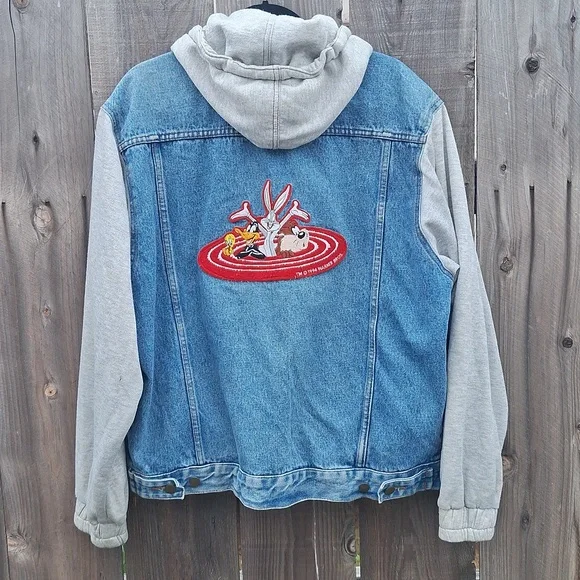 Rare VTG Looney Tunes Bugs Bunny Daffy Taz 1993 Hoodie Denim Jean Jacket 90s L - Picture 3 of 9